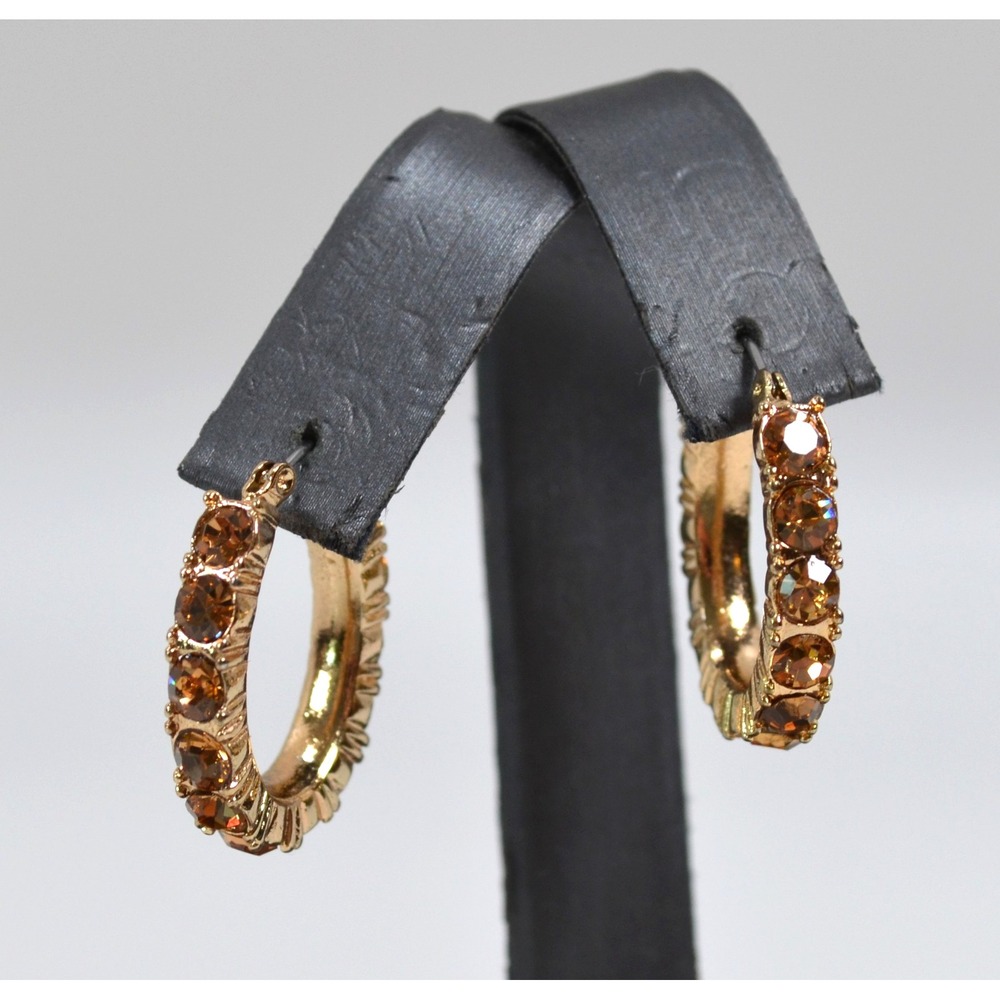 Vintage Monet Gold-Tone Pierced Oval Hoop Earrings with Golden Color Crystals